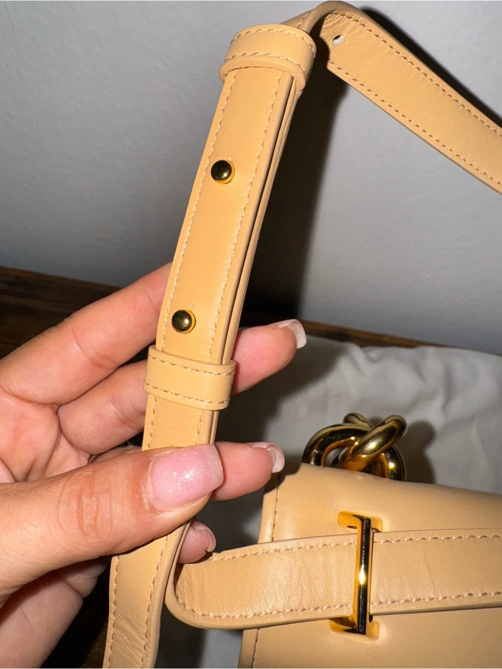 Bottega Veneta Beige Leather Shoulder Bag with Bold Gold Chain